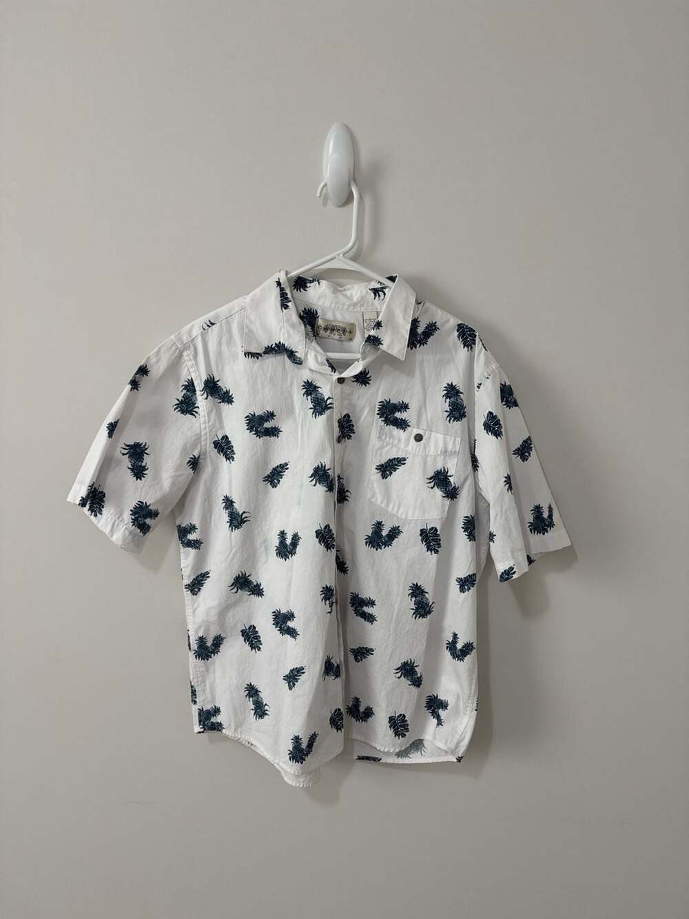 Campia Moda Men's White Pineapple Print Short Sleeve Button Down Cotton Shirt Si